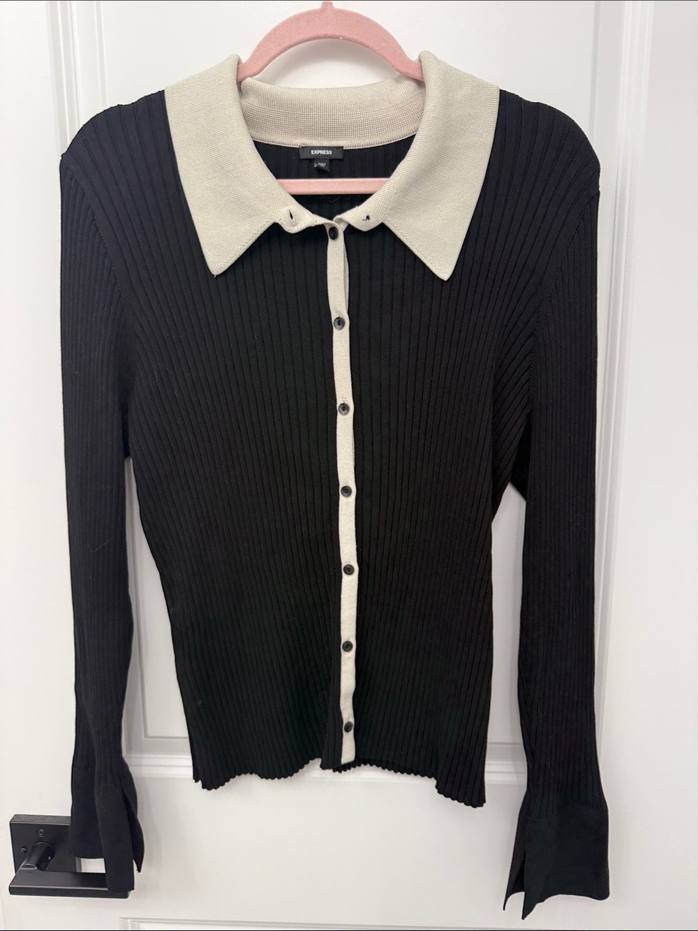 Express Black Ribbed Button Cardigan with Cream Trimmed Collar & Placket size XL